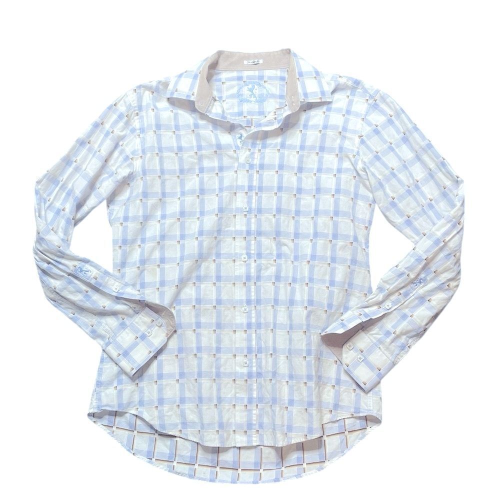 BUGATCHI Karl Plaid Shirt White Blue Size Medium
